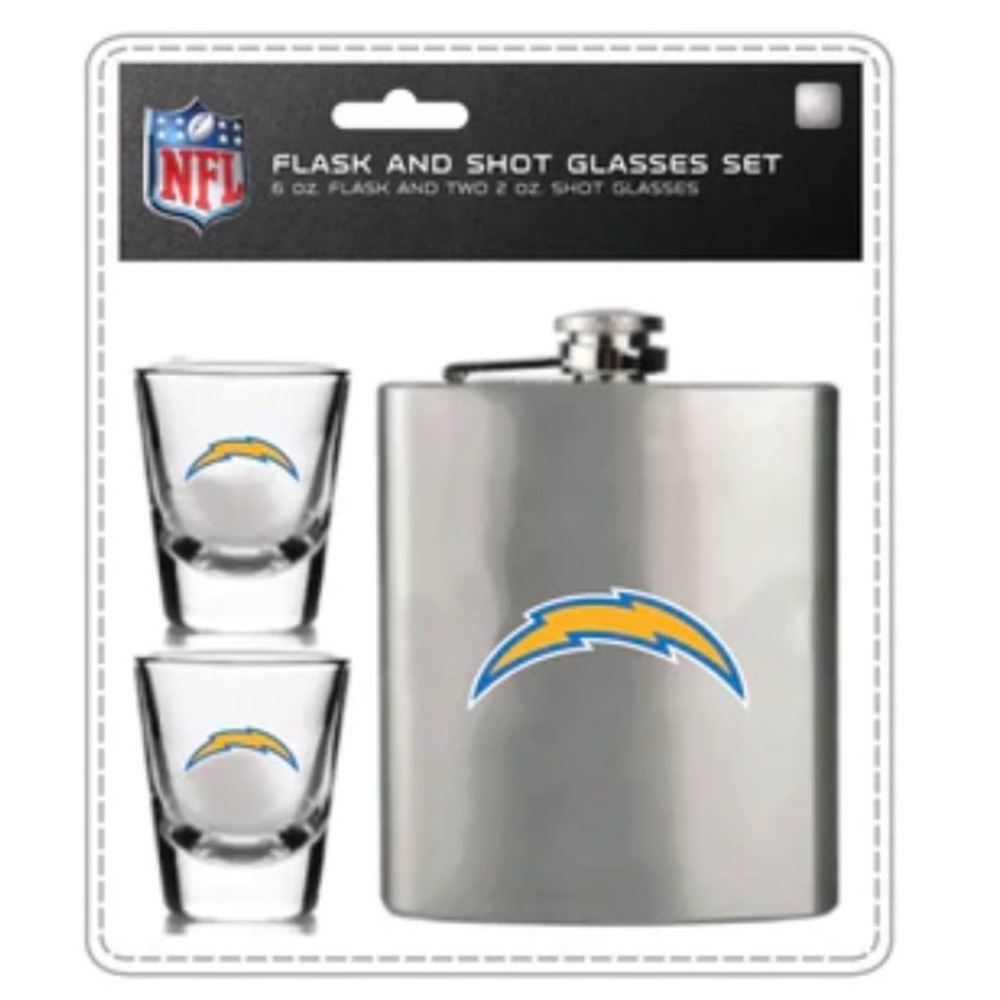 NFL LA Chargers Silver Flask and Shot Glass Set with Blue Logo